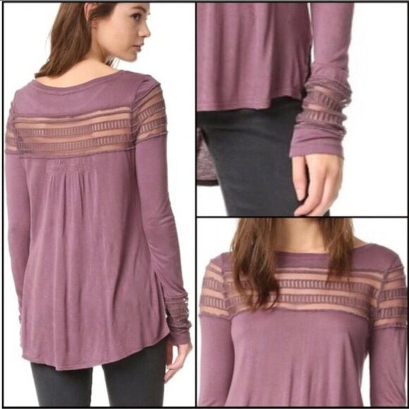Free People Roxie Mesh Detail long Sleeve Mauve Berry Top Women's Large - Picture 3 of 4